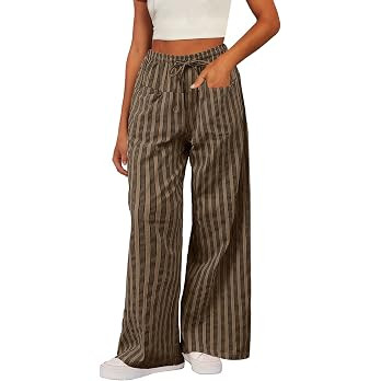 Acelitt Women Casual Drawstring Elastic Waist Loose Wide Leg Striped Pants with Pockets, S-XXL | Amazon (US)