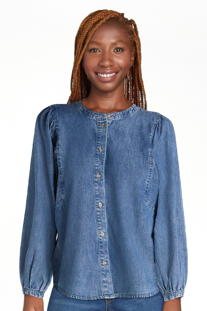 Scoop Women's Cotton Denim Shirt with Blouson Sleeves, Sizes XS-XXL | Walmart (US)