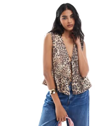 ASOS DESIGN sleeveless tie front top in animal print | ASOS (Global)