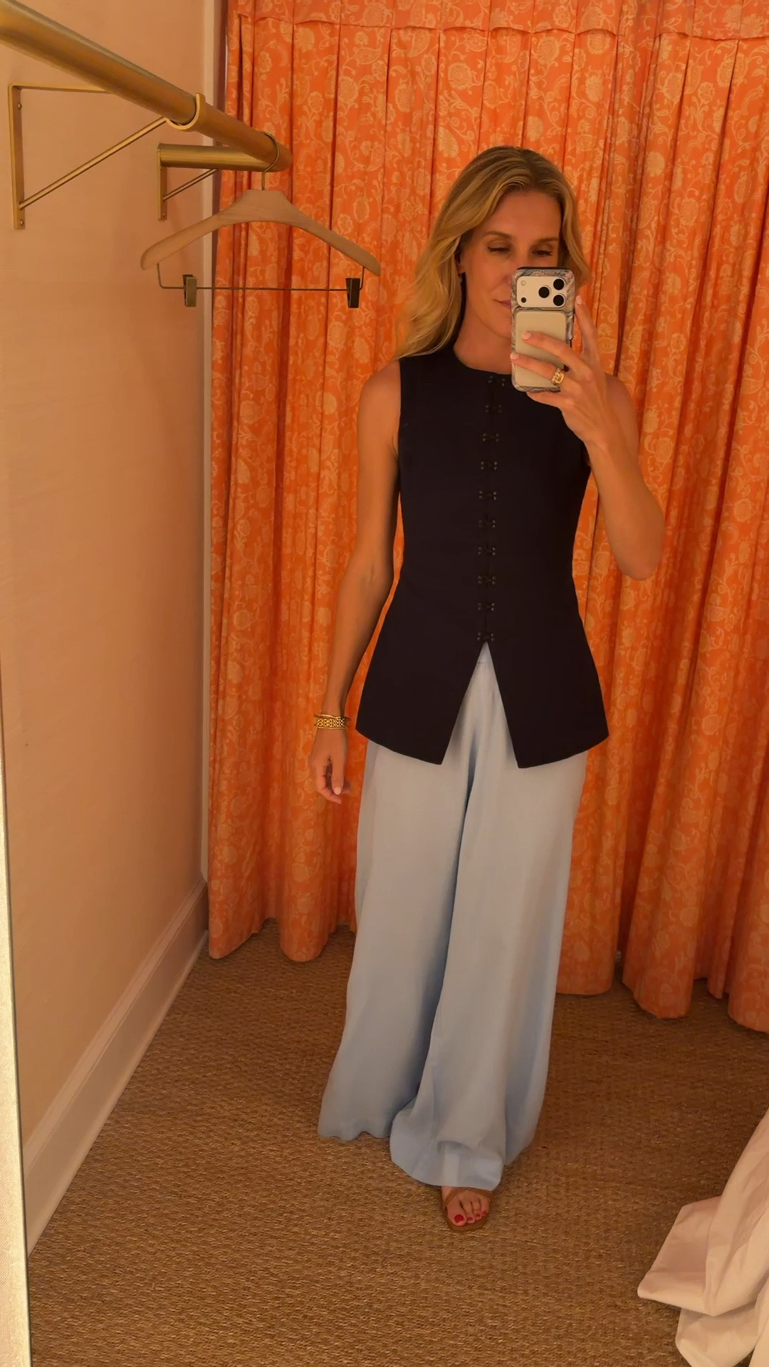 The prettiest blue linen pants for summer! Wearing an xs in this pair. The white version is very see through! 
ASHLEY-15 saves you 15 % sitewide!

Navy vest runs small- size up. Wearing size 2