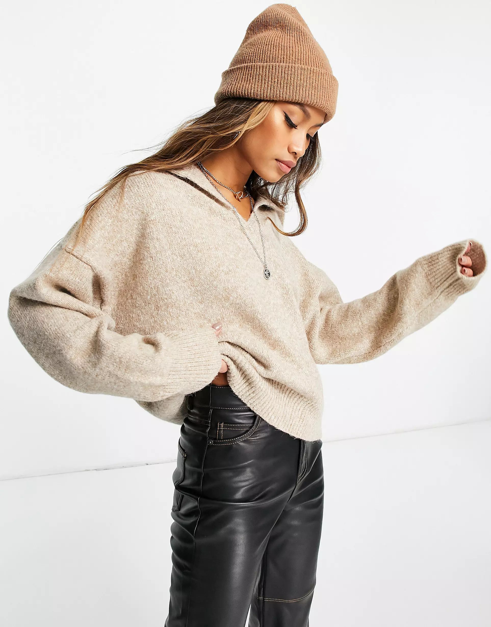 Topshop knitted oversized sweater with relaxed collar in beige | ASOS (Global)