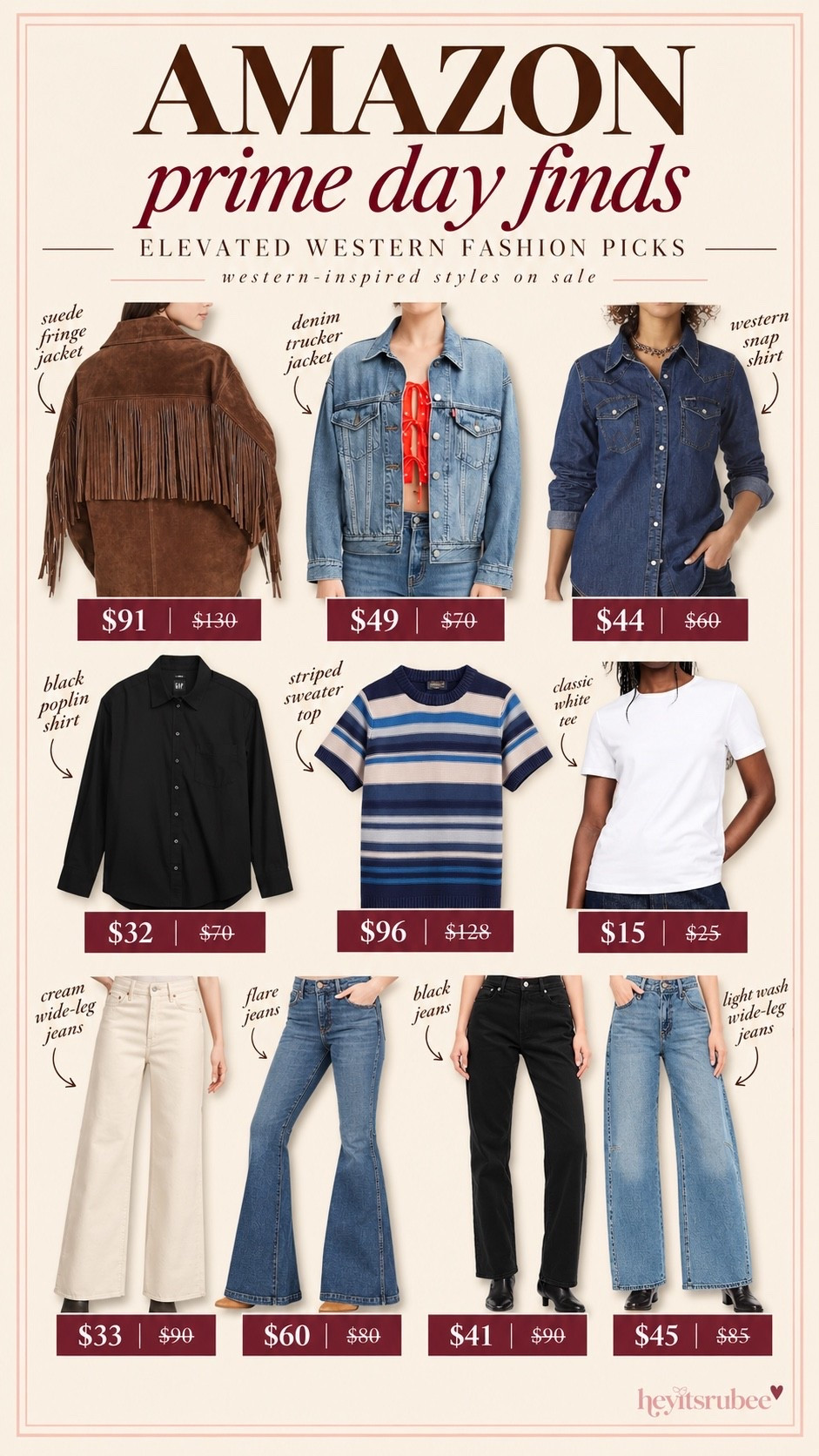 Amazon prime day elevated western fashion picks

Western inspired styles on major sale!
Petite friendly jeans
Suede jacket
Denim jacket
Denim snap shirt
Denim 
Classic tops 
Western fashion
Country concert