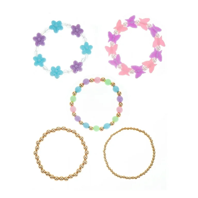Wonder Nation Girls Butterflies & Flowers Beaded Stretch Bracelets, Pastel Multicolored, 5 Pieces | Walmart (US)