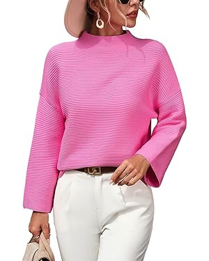 chouyatou Womens Fall Mock Neck Pullover Sweater Elegant Ribbed Knit Dressy Casual Sweater Top | Amazon (US)