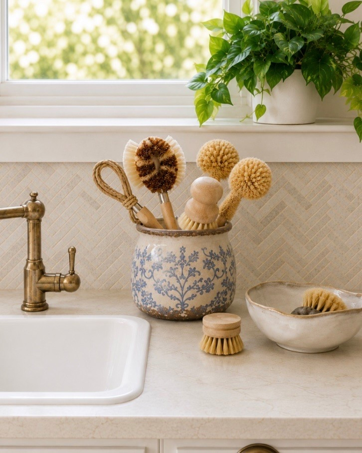 The smallest details are often what make a kitchen feel finished. 🤍
You can swap everyday sink essentials for pieces that are beautiful enough to leave on display—a blue-and-white crock, natural wood brushes, a simple bowl, and a touch of greenery. It’s an easy way to add warmth without adding clutter.