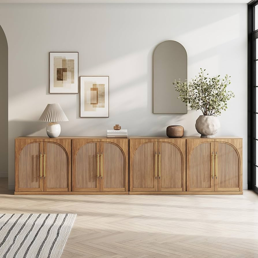 BELLEZE Set of 2 65" Sideboard Cabinet with Double-Arc Wood Doors, Large Buffet Cabinet with Stor... | Amazon (US)