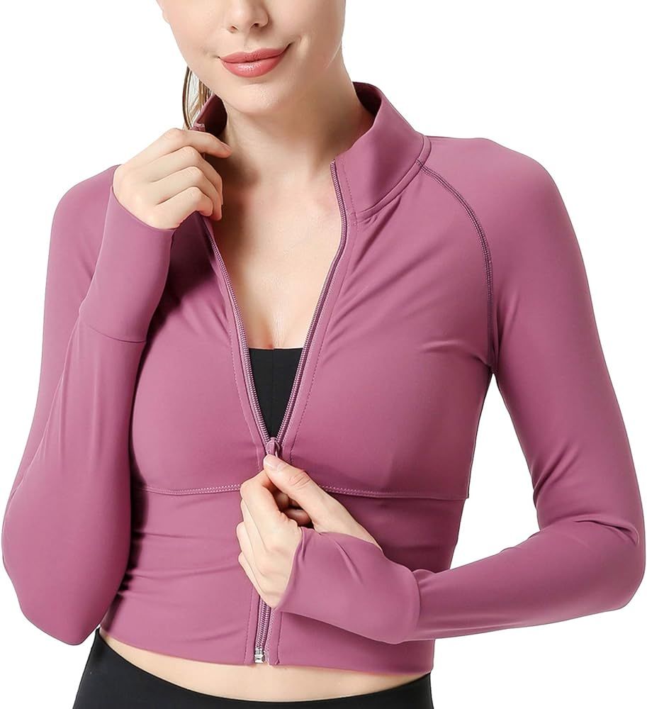 Women's Zip Up Lightweight Workout Athletic Crop Jacket Running Sports Yoga Cropped Top Seamless Fit | Amazon (US)