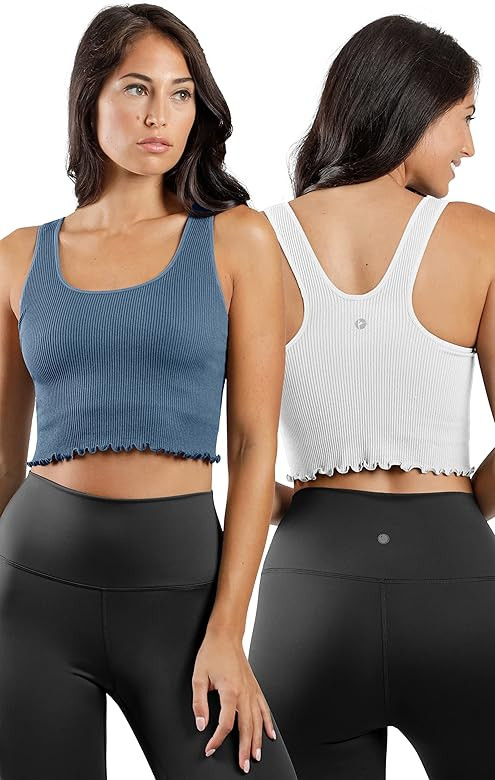 90 Degree By Reflex Ribbed Lettuce Edge Cropped Tank Top Long Line Bra - 2 Pack | Amazon (US)