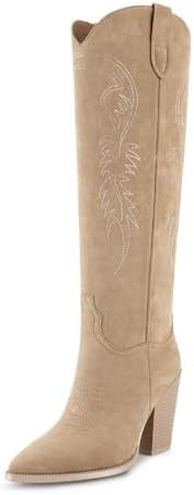 Women's Cowgirl Boots Pull On Knee High Boots, Cowboy Western Embroidered Chunky Block Heel Point... | Amazon (US)