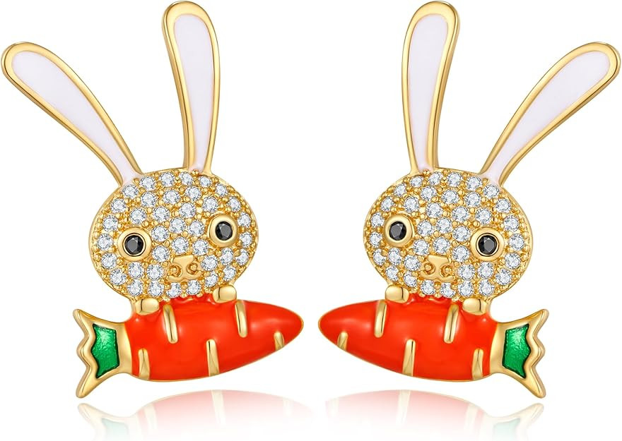 Easter Rabbit Pearl Earrings Dainty Studs Bunny Carrot Cute Animal Jewelry | Amazon (US)