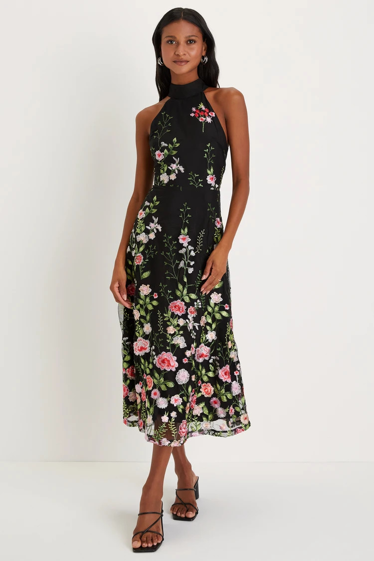 Blossoming Energy Black Floral Embroidered Halter Midi Dress | Lulus