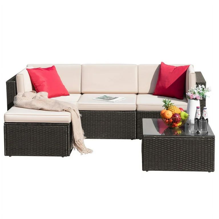 Homall 5 Pieces Outdoor Sectional Sofa with Tea Table and Ottoman, PE Rattan Patio Furniture Sets... | Walmart (US)