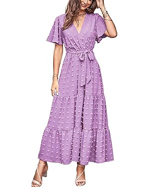MASCOMODA Womens Boho Swiss Dot Maxi Dresses Wrap V Neck Flutter Short Sleeve Solid Tie Belt A Li... | Amazon (US)