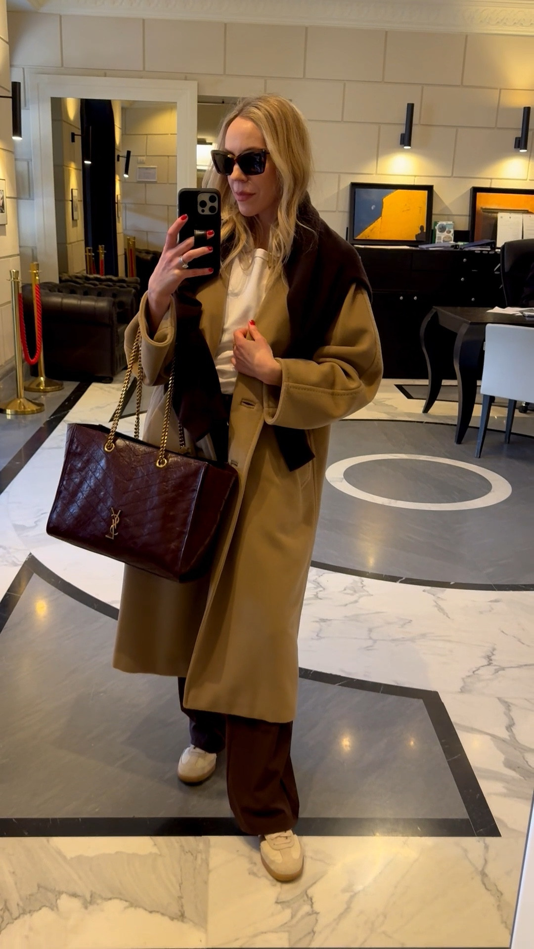 Travel look, look of the day, camel coat, Amazon joggers, Adidas Samba sneakers, burgundy Saint Laurent bag 

#LTKdayinmylife #LTKootd #LTKTravel