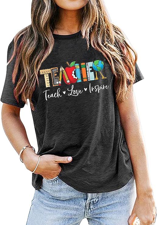 Teach T Shirt for Women Teacher Graphic Tees Tops Teach Inspire Letter Print Shirts Tops | Amazon (US)