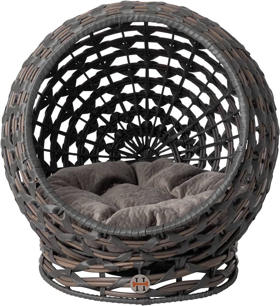 Huntley Equestrian Pet Rattan Cat Bed Condo, Elevated with Round Cushion, Grey (02196) | Amazon (US)