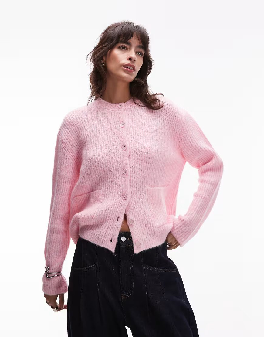 ASOS DESIGN knitted cardigan with patch pockets in pink-Red | ASOS (Global)