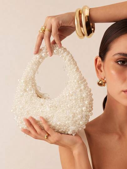 Glamine Luxurious Women's Pearl Bead Handbag Exquisite Solid Color Crescent Bag Dinner Bag | SHEIN