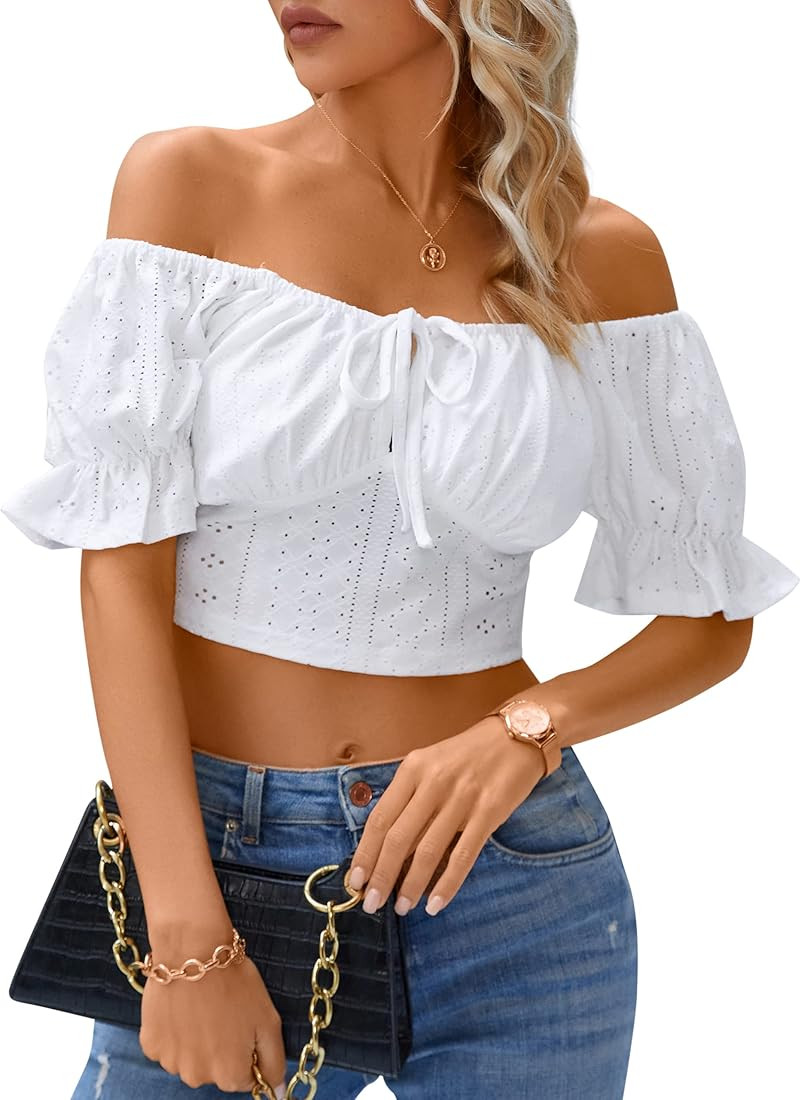 Blooming Jelly Womens Off The Shoulder Crop Tops Summer Sexy Blouses Puff Sleeve Cute Shirts Bow ... | Amazon (US)