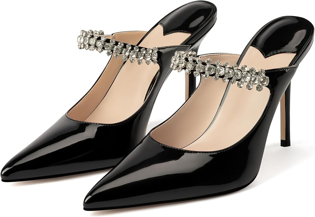 MIRAAZZURRA Women Heeled Mules Rhinestone Strappy Pointed Toe Mules Stiletto High Heels Slip On B... | Amazon (US)