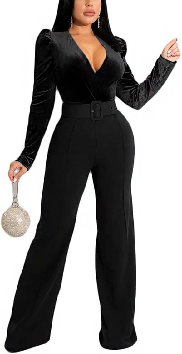 Fastkoala One Piece Jumpsuits for Women Velvet Long Sleeve V Neck Wide Leg Long Pants Jumpsuit Rompe | Amazon (US)