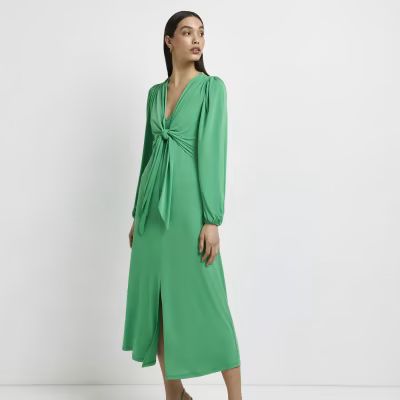 Green knot front swing midi dress | River Island (UK & IE)