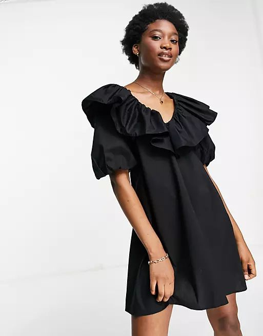 Miss Selfridge ruffle detail smock dress in black | ASOS | ASOS (Global)