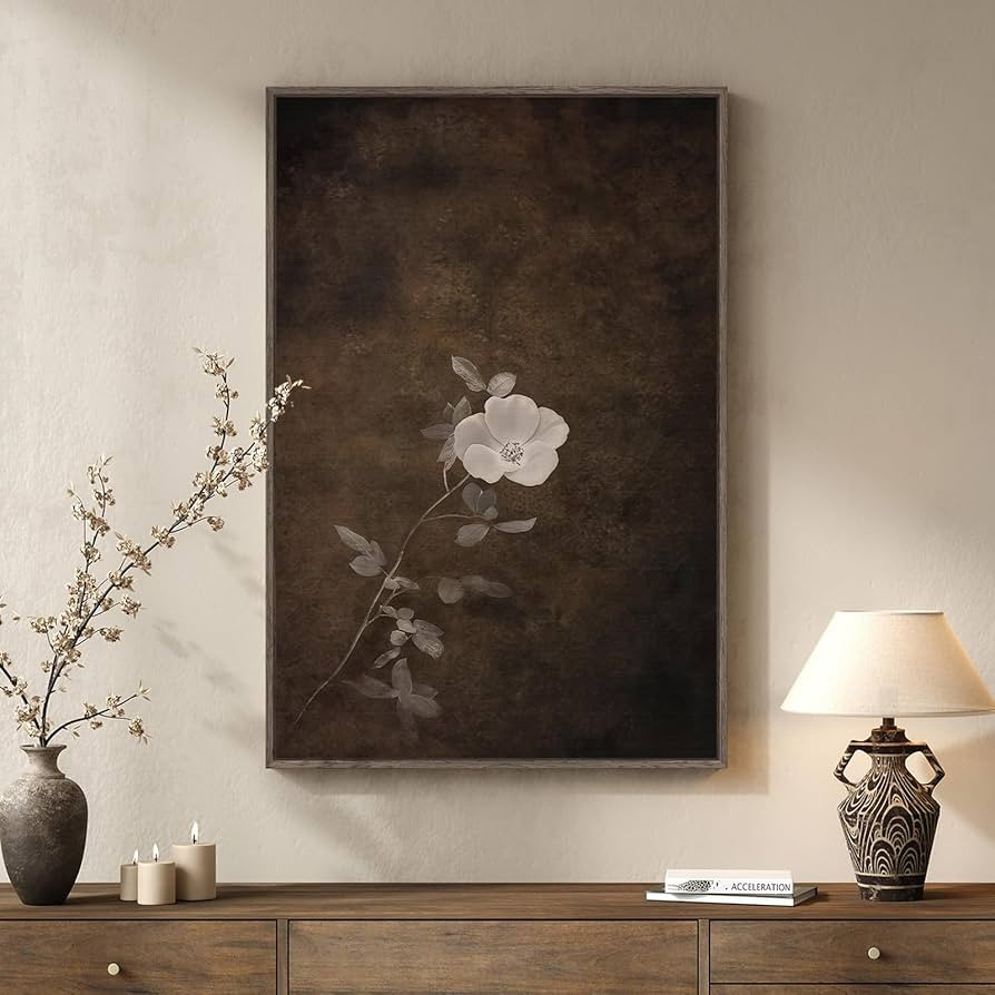 Framed Vintage Floral Vertical Wall Art, Moody Neutral Minimalist Botanical Canvas Artwork, Retro... | Amazon (US)