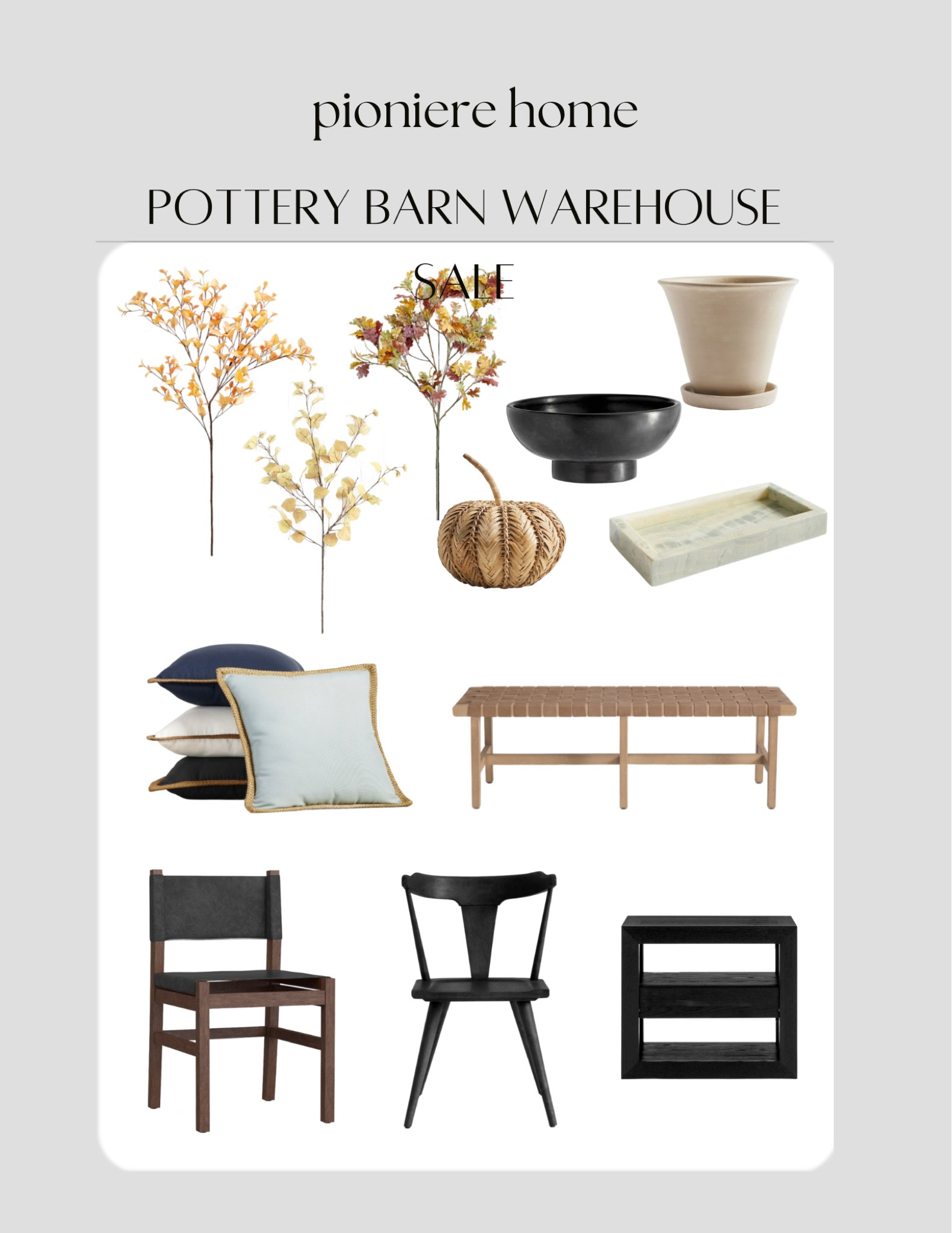 Pottery barn warehouse sale. Fall faux stems, woven pumpkin, dining chairs, woven leather bench, throw pillows, home decor  

#LTKhome #LTKsalealert #LTKSeasonal