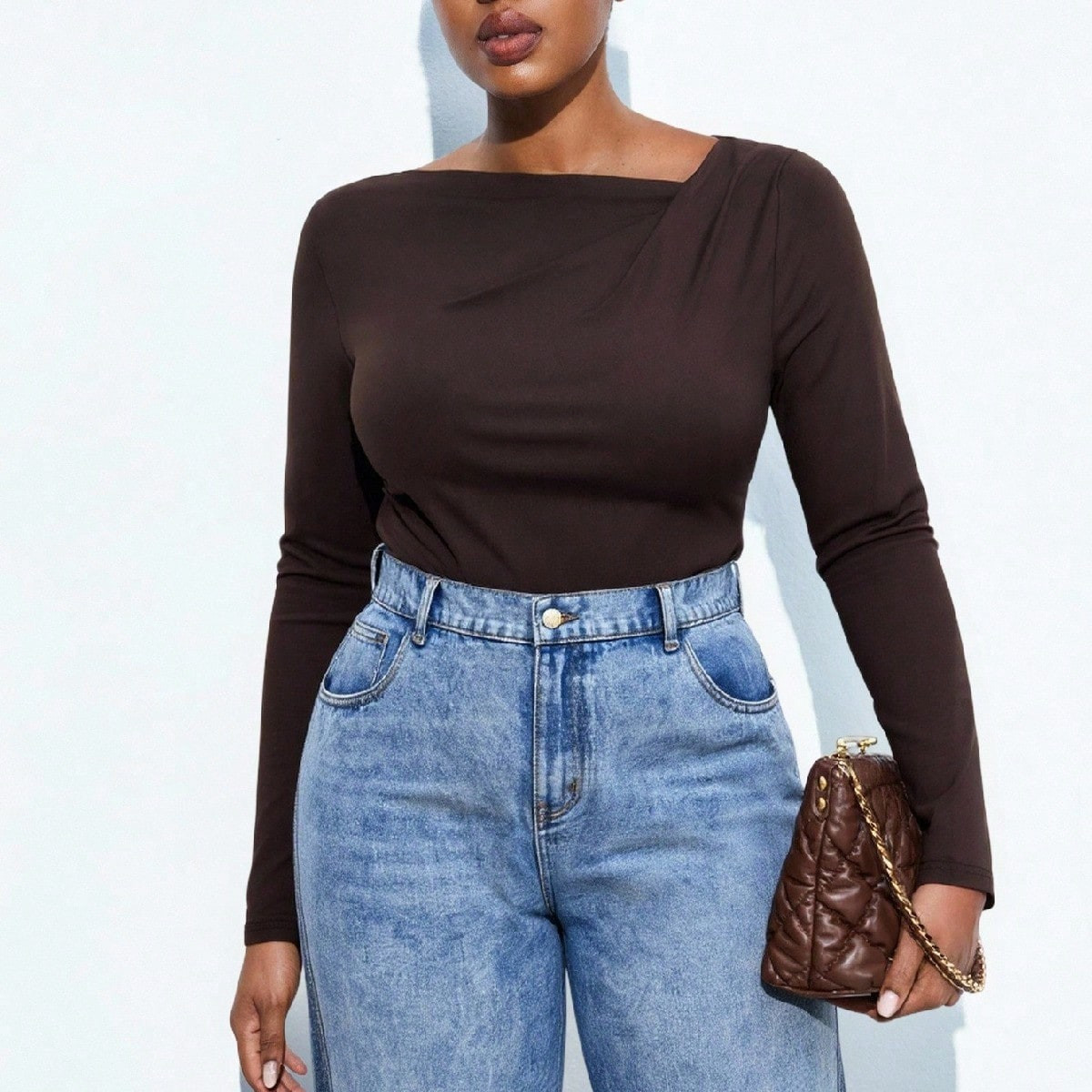 Maija Plus Size Women Asymmetric Neck Coffee Color Long Sleeve Base Layer T-Shirt, Knit Top For Autumn Christmas Party, Thanksgiving Fall Women Modest Vintage Clothes Women Old Money Going Out Tops Women Business Casual Woman Fall Clothes Plus Size Date Night Outfits Women Business Casual Woman Curve Fashion Versatile Comfortable Elegant Simple Daily Wear,Fall Clothes For Women Halloween Mexican,African Brown Long Sleeve Top Dark Chocolate Business Casual Tops Woman Dark Brown Top Chocolate Brown Top Coffee Brown Top Business Casual Tops For Women Halloween Christmas National Day Clothes New Year Clothes, Christmas Women's Clothing Halloween Halloween Costume For Women Christmas Christmas Women's Clothing New Year Dress New Year Women Thanksgiving Outfit For Women | SHEIN