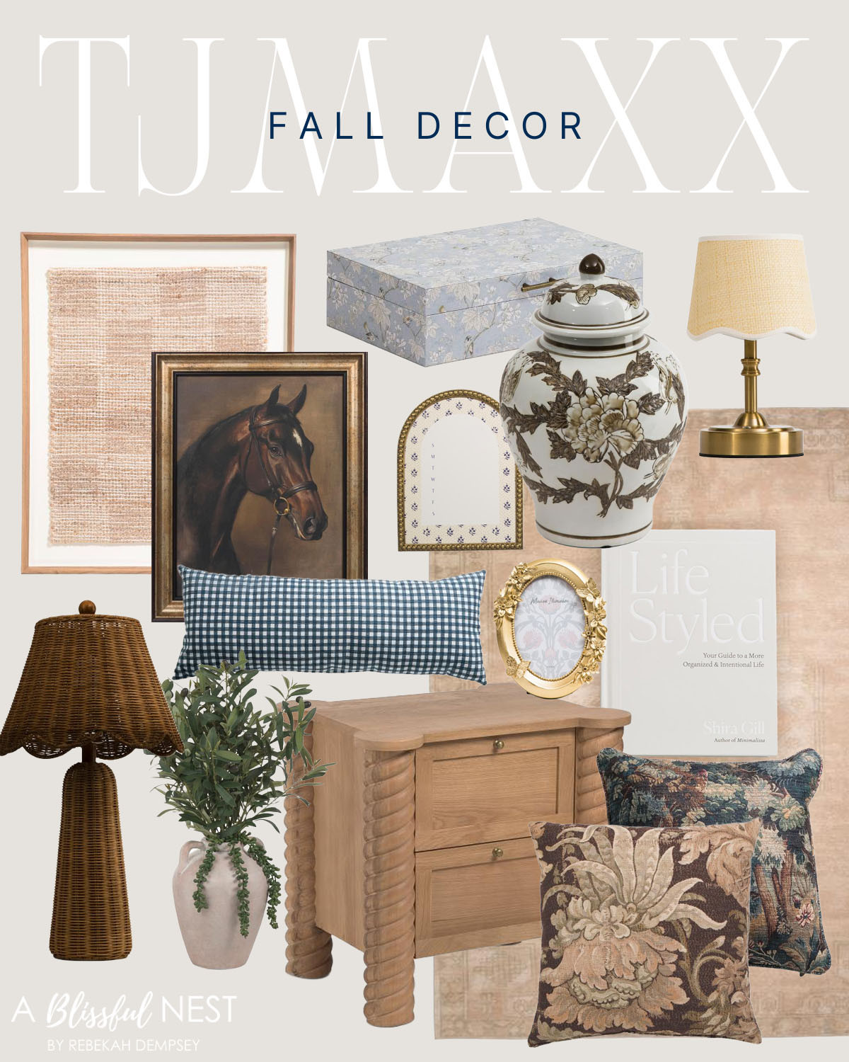 Warm woods, vintage inspired accents, and rich autumn tones make this TJMaxx collection a favorite. Tap to shop.

Abstract woven wall art, framed horse painting, floral fabric box, ginger jar, small table lamp, gingham lumbar pillow, gold oval frame, decorative book, area rug, rattan table lamp, faux olive plant, wood nightstand, and floral tapestry pillows. 

 #LTKSeasonal #LTKHome