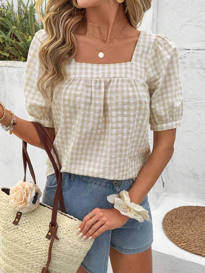 SHEIN LUNE Women Square Neck Plaid Short Sleeve Casual Blouse, Spring/Summer | SHEIN