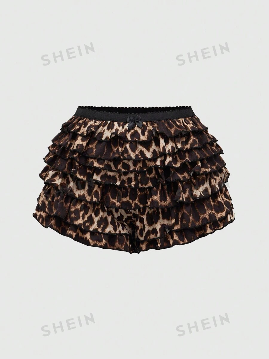 ROMWE Grunge Punk Y2K Leopard Print High-Low Layered Ruffle Hem Low Rise Mini Shorts, School | SHEIN