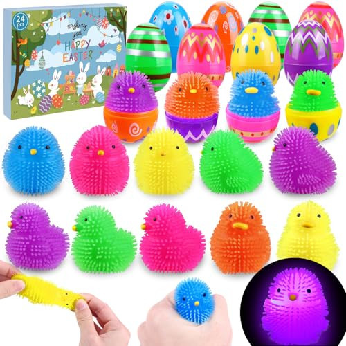 JOICEE 24 Pack Easter Eggs Filled LED Chick Duck Puffer Balls,Light Up Glowing Stress Relief Fidget Squeeze Sensory Soft Ball for Kids Easter Basket Stuffers Easter Eggs Hunt Gifts Party Favors | Amazon (US)