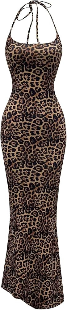 SOFIA'S CHOICE Cheetah Print Dress Leopard Halter Neck Long Tight Bodycon Spaghetti Strap Maxi Dr... | Amazon (US)