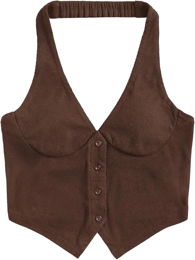 MakeMeChic Women's Halter Tops Crop Corduroy Button Down Sleeveless Going Out Corset Top | Amazon (US)