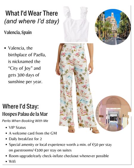What I’d Wear There and Where I’d Stay: Valencia, Spain 🇪🇸

Here’s Why I Like It:
Valencia, the birthplace of Paella, is nicknamed the “City of Joy” and gets *300* days of sunshine per year. It’s lined with palm trees and oranges on the southeastern coast of Spain. When are we going?! ☀️🌴🍊🌊🇪🇸🥘  What I’d Wear There: The Friday Pants from Favorite Daughter - this print is called Valencia! I’d also pair it with a pink, blue, or white top, like the one pictured and soak up the sun.
 I’d recommend staying in Hospes Palau de la Mar in Valencia @hospeshotelsvalencia where I can help you get the following perks: 🍊VIP Status
🍊A welcome card from the GM 🍊Daily breakfast for 2
🍊Special amenity or local experience worth a minimum of €50 on guest rooms/€100 per stay on suites 🍊Room upgrade/early check-in/late checkout whenever possible
🍊Wifi  DM me or email at sarah.siems@fora.travel (link in bio) to get started 🧡

Clothing is linked in my LTK (link in bio)  📷: @travelandleisure   
#whatidwearthere #traveloutfits #traveladvisor #travelagent #travelhacks #valencia #valenciaspain #espana #paella #favoritedaughter #customitineraries #holidaytravel #luxurytravel #luxuryvacations #luxurytravelagent #hospespalaudelamar #visitbarcelona #visitmadrid #resortwear #abercrombie #nordstrom #vacationoutfit #vacationoutfits



#LTKeurope #LTKtravel #LTKHoliday