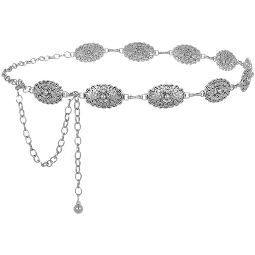 LALATCH Chain Belt Concho Belts for Women, Silver Chain Belts for Women Western Waist Chain Belt for Dresses Jeans, Flower-Silvery | Amazon (US)