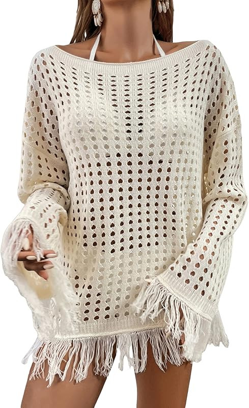 MakeMeChic Women's Crochet Swimsuit Cover Up Long Sleeve Knitted Fringe Swim Beach Cover Up Swimw... | Amazon (US)