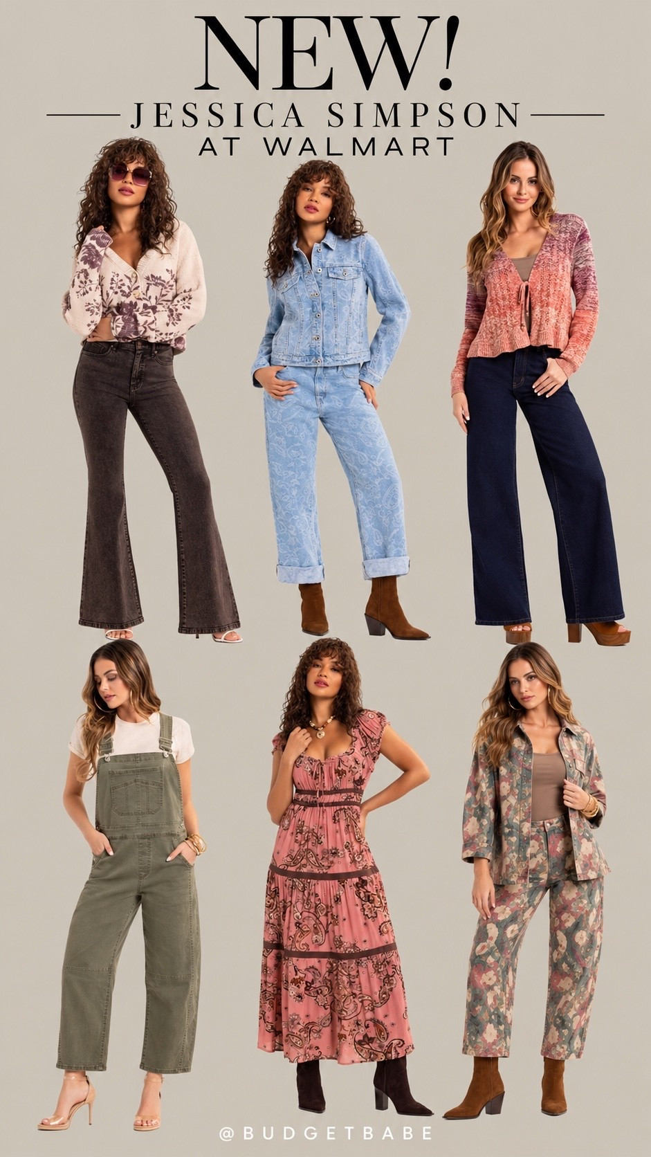New fall drop from Jessica Simpson at Walmart, I love the chocolate brown denim jeans, the abstract camo, floral cardigan, and Free People look for less tees. #walmartfashion