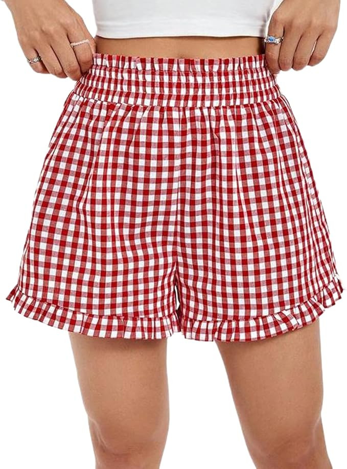 Y2k Womens Ruffle Boxer Shorts Plaid Gingham Print Lounge Pajama Shorts Cute Striped Checkered Pj... | Amazon (US)