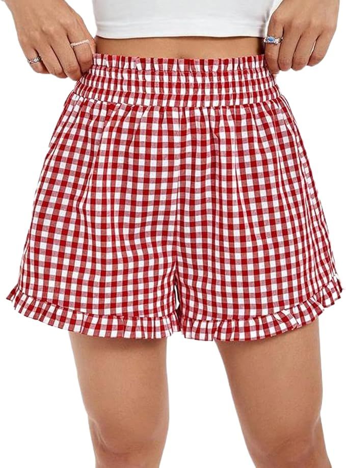 Y2k Womens Ruffle Boxer Shorts Plaid Gingham Print Lounge Pajama Shorts Cute Striped Checkered Pj... | Amazon (US)