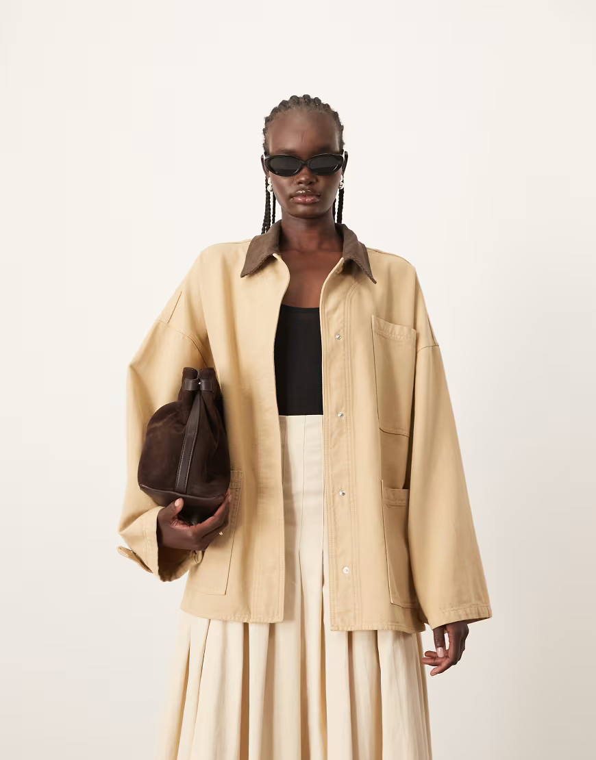 ARRANGE – Barn – Oversize-Hemdjacke in Camel aus Canvas mit Cordkragen-Braun | ASOS (Global)