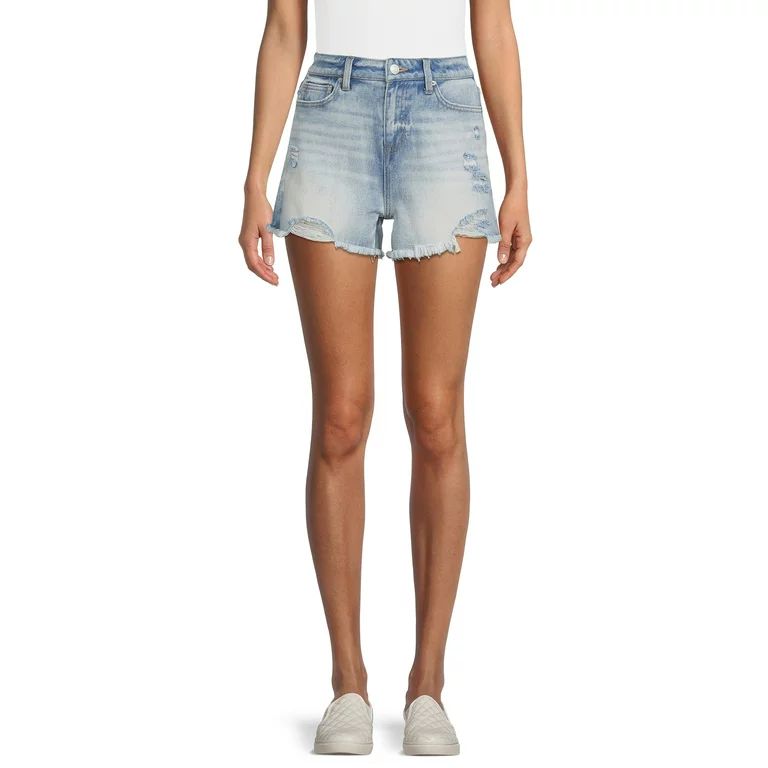 Time and Tru Women's High Rise Frayed Hem Vintage Denim Short - Walmart.com | Walmart (US)