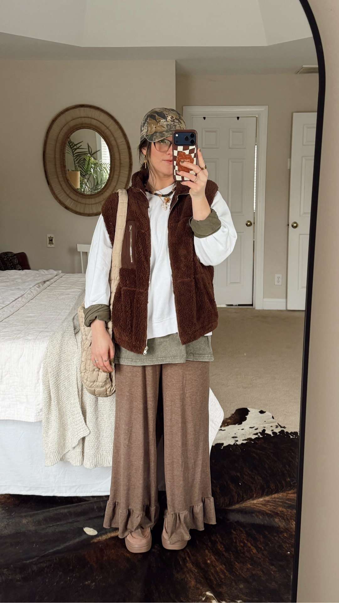 Ootd as a busy sahm who focuses on comfort while still looking and feeling her best 🕊️ 

SIZING (5’3” 145lbs, typically a M)
- green long sleeve: L for oversized fit
- crewneck: L for oversized fit
- vest: M (fits oversized)
- pants: M (high waisted, perfect length and perfect loose flowy fit)
- shoes: true to size

#LTKmomlife #LTKootd #LTKSaleAlert