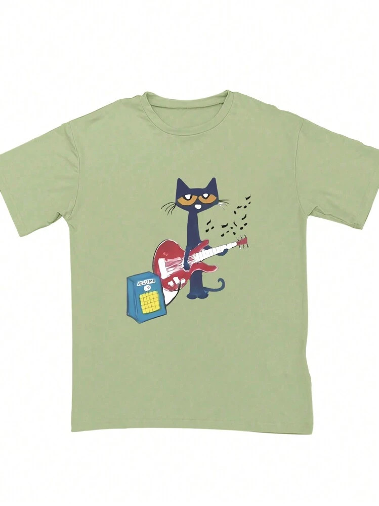 INAWLY Casual Women's Round Neck Loose Fit Printed Cat Playing Guitar Short Sleeve T-Shirt Graphic Tees Women Tops | SHEIN