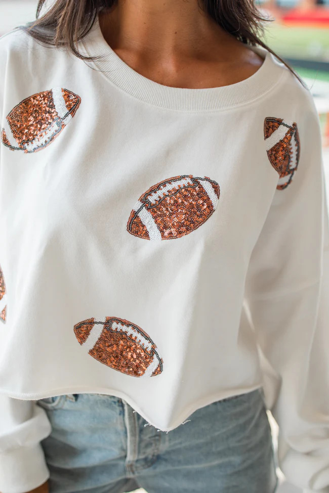 Off To A Good Start Ivory Football Patch Cropped Pullover | Pink Lily