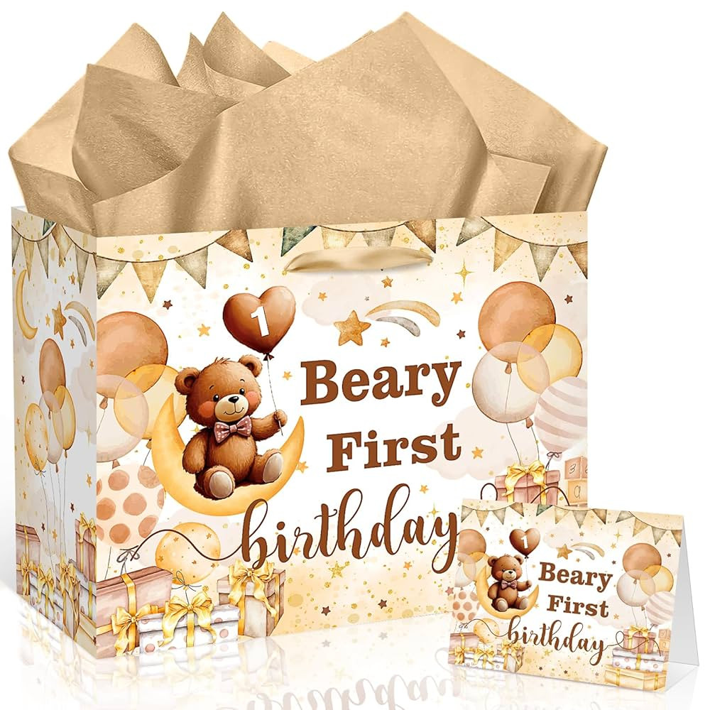 Beary First Birthday Decorations for Boys Girls Beary 1st Birthday Gift Bags with Tissue Paper Gr... | Amazon (US)