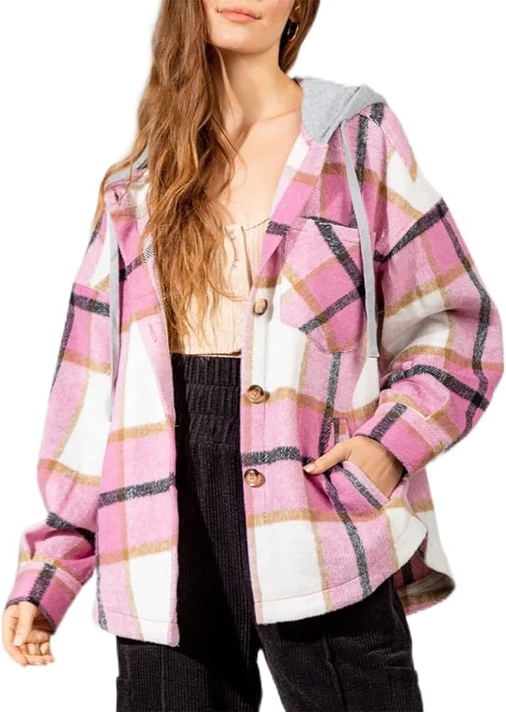 Beaully Womens Casual Plaid Shackets Brushed Flannel Button Down Pocketed Shirt Jacket Coats | Amazon (US)
