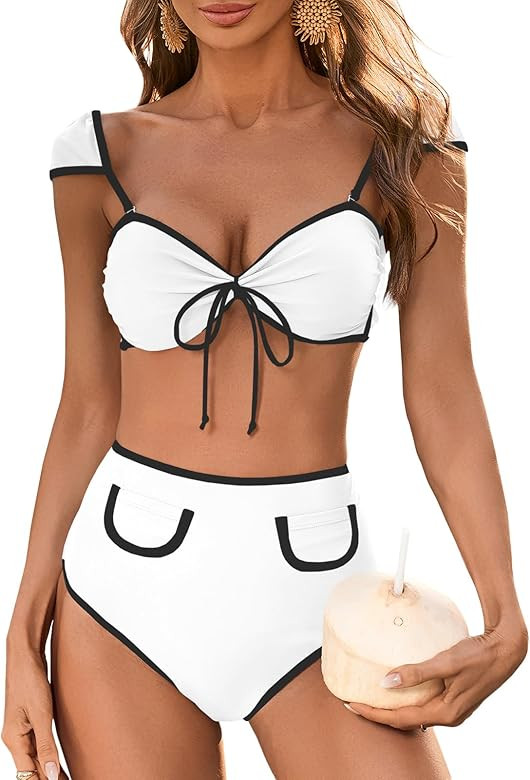 Saodimallsu Womens High Waisted Bikini Sets Cap Sleeve Color Block Tie Back Adjustable Strap 2 Pi... | Amazon (US)